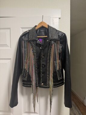 AKIRA Black Studded Leather Jacket with Multicolor Chain Fringe. New with tags.